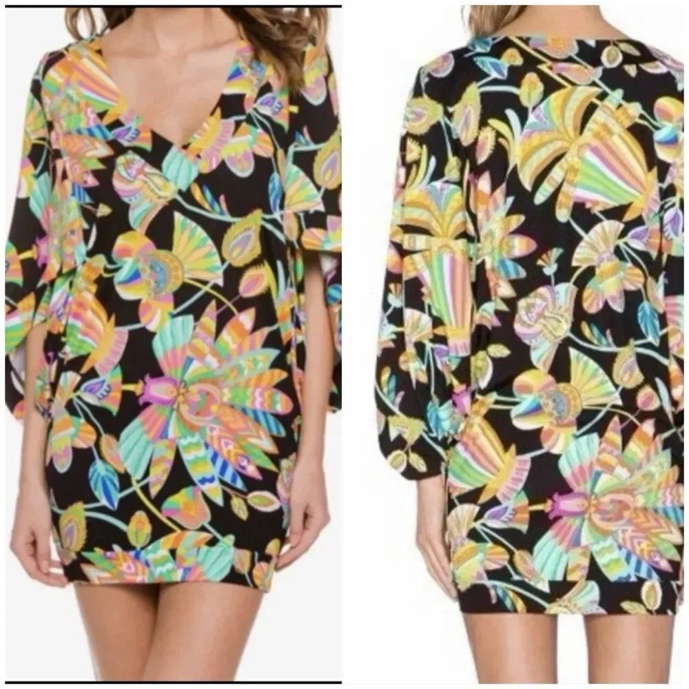 Trina Turk V-Neck Tahitian Floral Beach Swim Jersey Cover Up Tunic Dress Size S